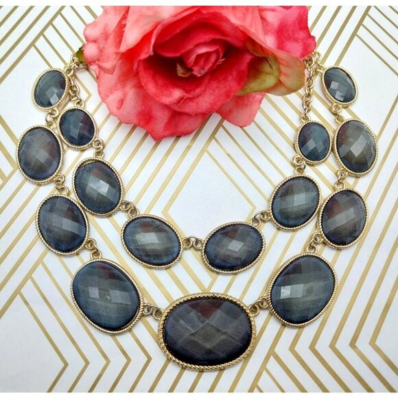 NWOT Gold Tone Smokey Gray Statement Collar Double Bib Pendant Necklace 20 Inch - Picture 1 of 9